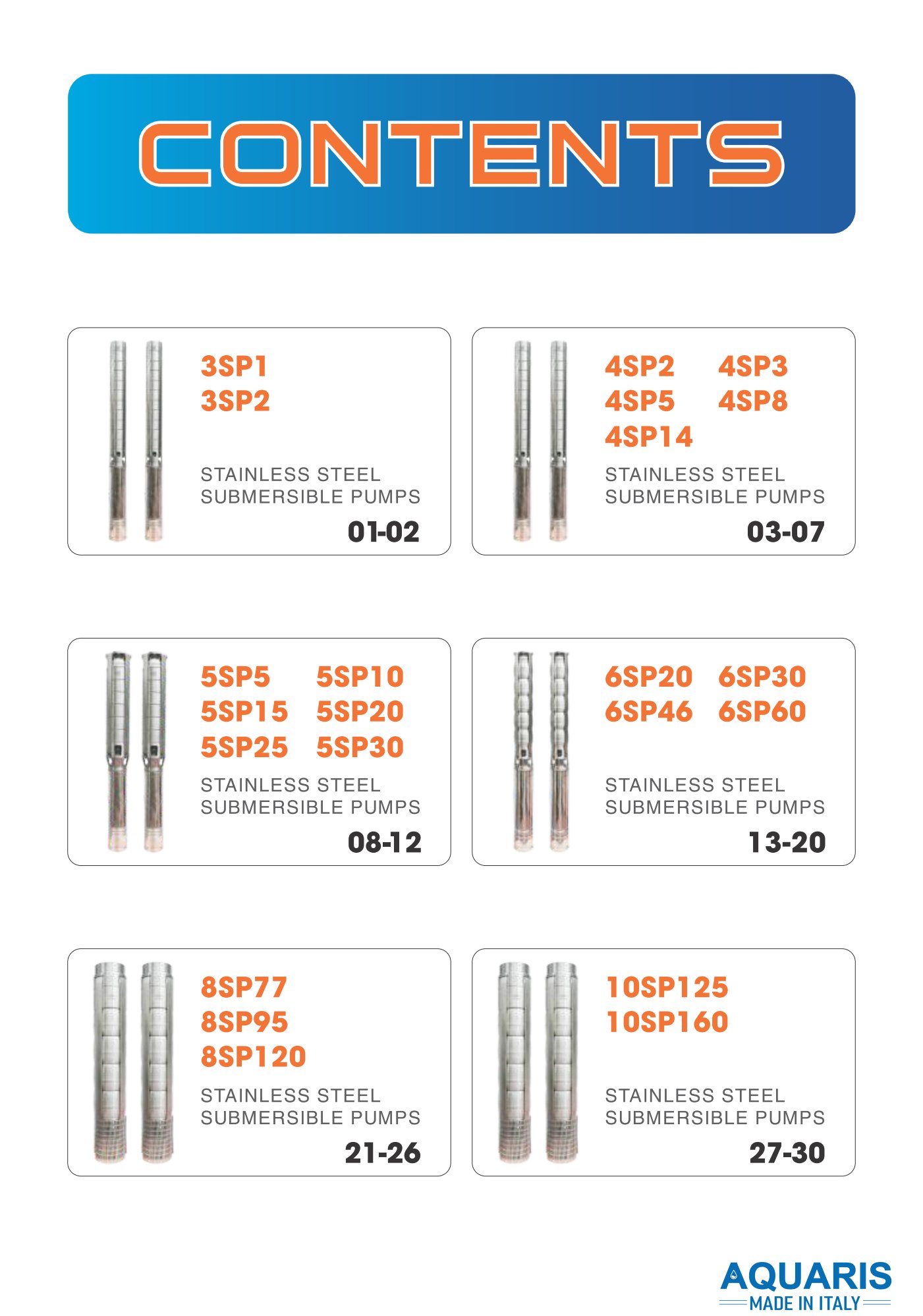 Bơm chìm giếng khoan Aquaris 4SP8-44 7.5kW Nhập khẩu Ý 5 Mục lục catalog bơm giếng Aquaris SP với các dòng 3SP, 4SP, 5SP, 6SP, 8SP và 10SP