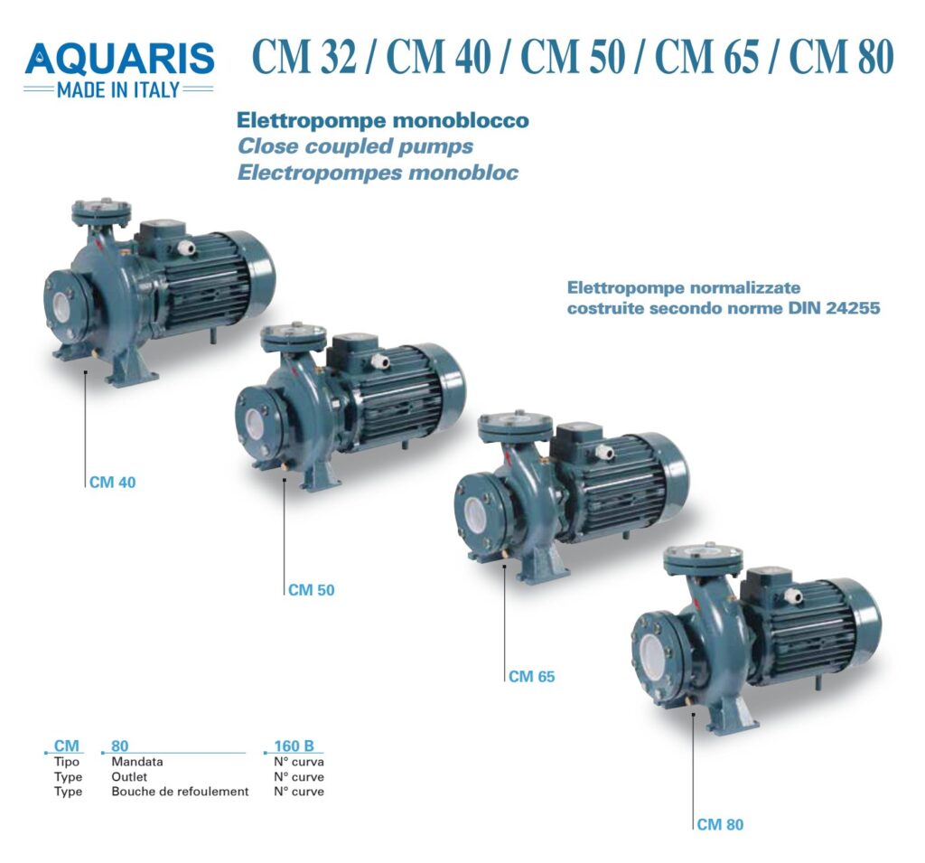 Hình các dòng bơm trục ngang Aquaris CM40, CM50, CM65 và CM80 trong catalog