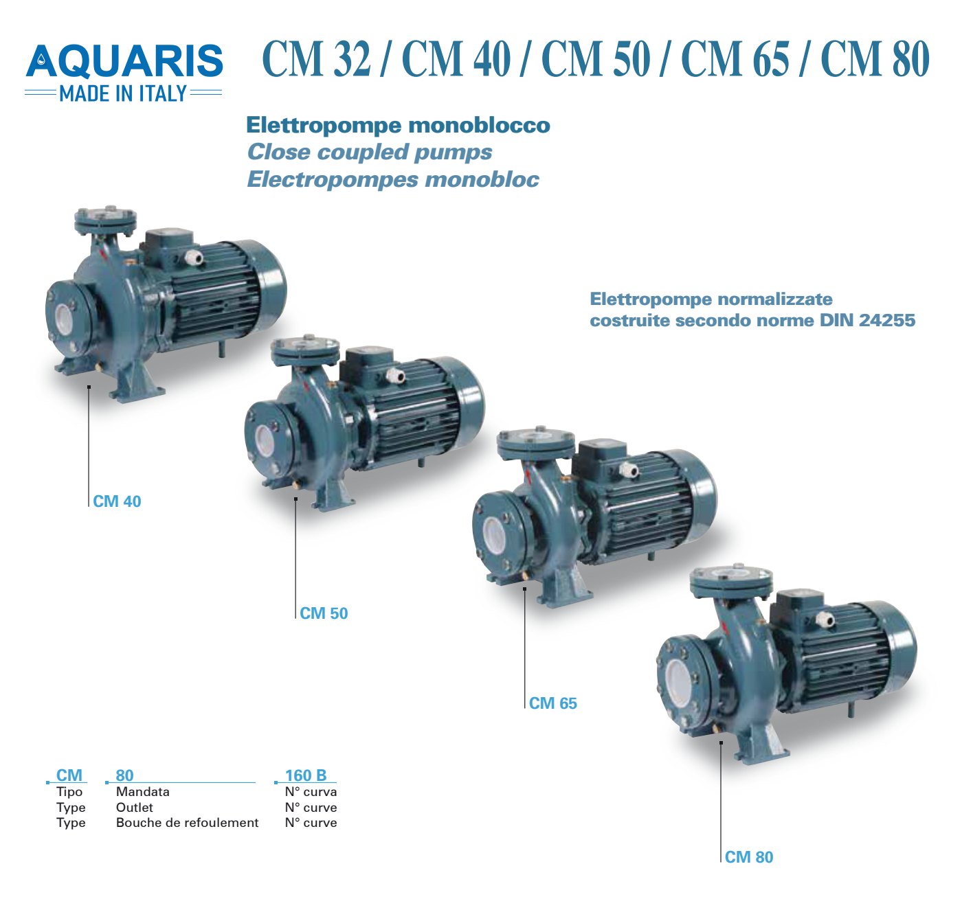 Máy bơm trục ngang Aquaris CM80-200/37 37kW Nhập khẩu Ý 7 Hình các dòng bơm trục ngang Aquaris CM40, CM50, CM65 và CM80 trong catalog